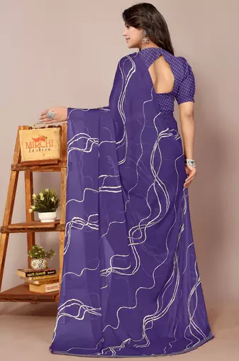 Dark Purple Chiffon Geometric Print Saree With Unstitched Blouse Piece
