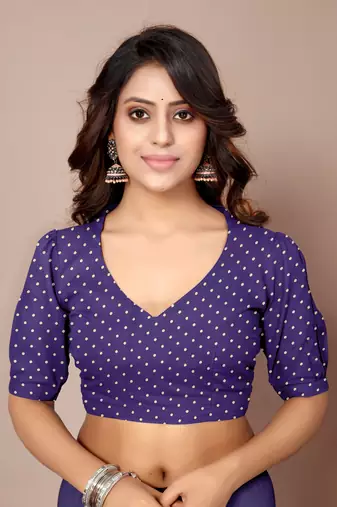 Dark Purple Chiffon Geometric Print Saree With Unstitched Blouse Piece
