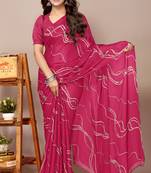Rani Pink Chiffon Geometric Print Saree With Unstitched Blouse Piece