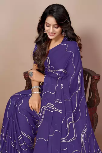 Dark Purple Chiffon Geometric Print Saree With Unstitched Blouse Piece