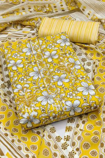 Manvaa women's yellow unstitched designer printed work printed dupatta and bottom cotton dress material (mt554ylw)