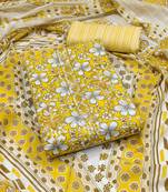 Manvaa women's yellow unstitched designer printed work printed dupatta and bottom cotton dress material (mt554ylw)