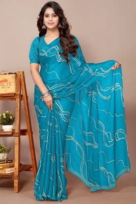 Turquoise Chiffon Geometric Print Saree With Unstitched Blouse Piece 1
