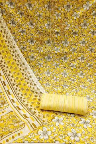Manvaa women's yellow unstitched designer printed work printed dupatta and bottom cotton dress material (mt554ylw)