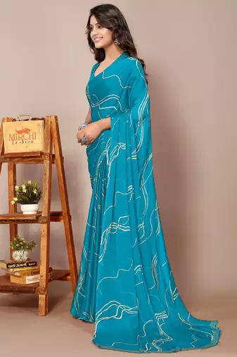 Turquoise Chiffon Geometric Print Saree With Unstitched Blouse Piece