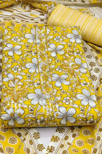 Manvaa women's yellow unstitched designer printed work printed dupatta and bottom cotton dress material (mt554ylw)