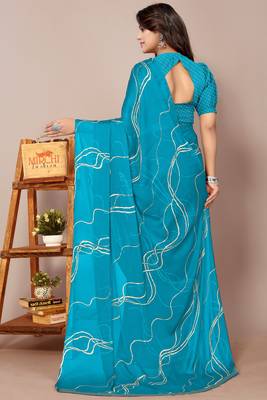 Turquoise Chiffon Geometric Print Saree With Unstitched Blouse Piece 3