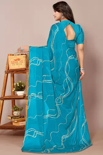 Turquoise Chiffon Geometric Print Saree With Unstitched Blouse Piece