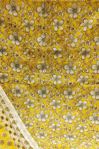 Manvaa women's yellow unstitched designer printed work printed dupatta and bottom cotton dress material (mt554ylw)