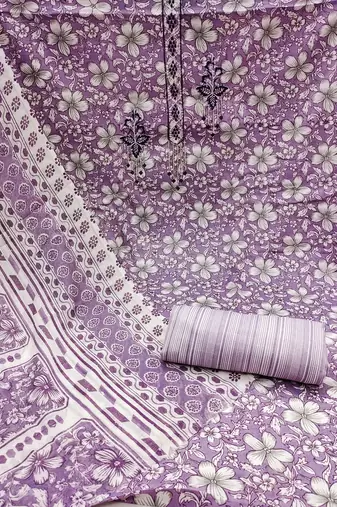 Manvaa women's purple designer printed work printed dupatta and bottom cotton dress material