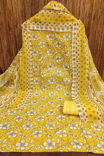 Manvaa women's yellow unstitched designer printed work printed dupatta and bottom cotton dress material (mt554ylw)