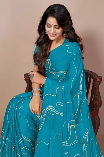 Turquoise Chiffon Geometric Print Saree With Unstitched Blouse Piece