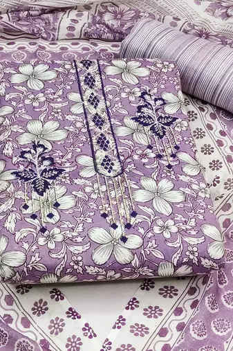 Manvaa women's purple designer printed work printed dupatta and bottom cotton dress material