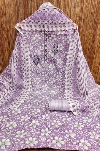 Manvaa women's purple designer printed work printed dupatta and bottom cotton dress material