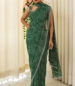 Dark Green Georgette Stripes Print/Leheriya Print Stone Border Saree With Unstitched Blouse Piece