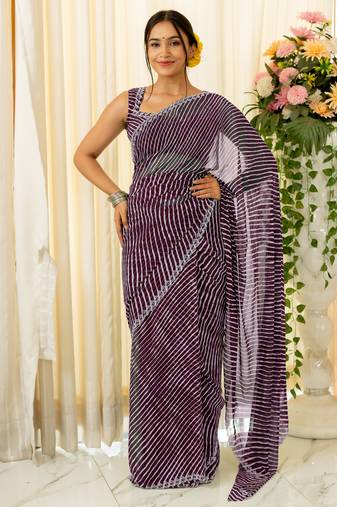 Magenta Georgette Stripes Print/Leheriya Print Stone Border Saree With Unstitched Blouse Piece