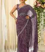 Magenta Georgette Stripes Print/Leheriya Print Stone Border Saree With Unstitched Blouse Piece