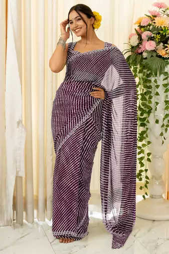 Magenta Georgette Stripes Print/Leheriya Print Stone Border Saree With Unstitched Blouse Piece