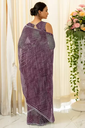 Magenta Georgette Stripes Print/Leheriya Print Stone Border Saree With Unstitched Blouse Piece