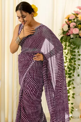 Magenta Georgette Stripes Print/Leheriya Print Stone Border Saree With Unstitched Blouse Piece