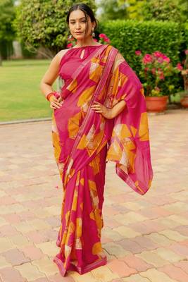 Pink Georgette Geometric Print Lace Border Saree With Unstitched Blouse Piece 1