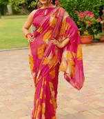 Pink Georgette Geometric Print Lace Border Saree With Unstitched Blouse Piece