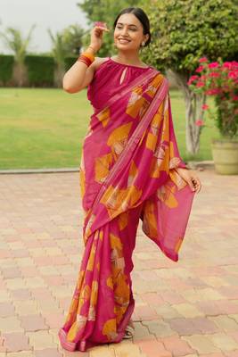 Pink Georgette Geometric Print Lace Border Saree With Unstitched Blouse Piece 3