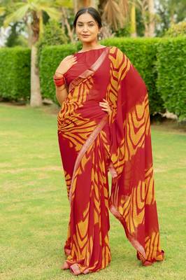 Maroon Georgette Geometric Print Lace Border Saree With Unstitched Blouse Piece 1