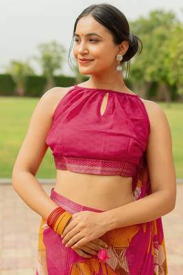 Pink Georgette Geometric Print Lace Border Saree With Unstitched Blouse Piece 4