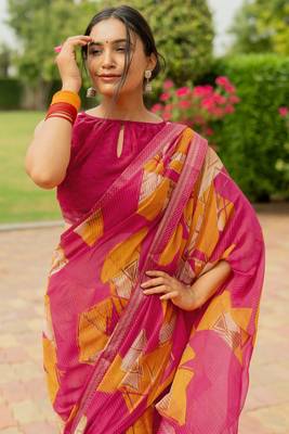 Pink Georgette Geometric Print Lace Border Saree With Unstitched Blouse Piece 5