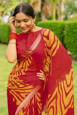 Maroon Georgette Geometric Print Lace Border Saree With Unstitched Blouse Piece 5