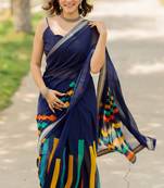 Navy Blue Georgette Geometric Print Lace Border Saree With Unstitched Blouse Piece