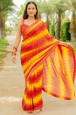Orange Georgette Geometric Print Lace Border Saree With Unstitched Blouse Piece 1