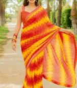 Orange Georgette Geometric Print Lace Border Saree With Unstitched Blouse Piece