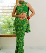 Green Georgette Geometric Print Lace Border Saree With Unstitched Blouse Piece