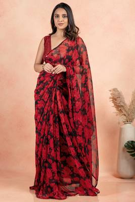 Black georgette floral print sequinns lace saree with unstitched blouse piece 1