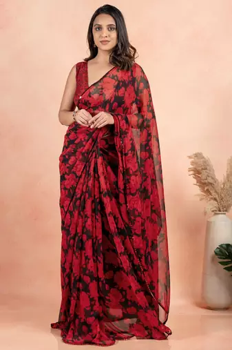 Black georgette floral print sequinns lace saree with unstitched blouse piece