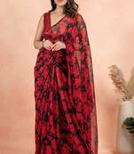 Black georgette floral print sequinns lace saree with unstitched blouse piece