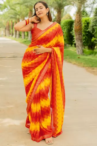 Orange Georgette Geometric Print Lace Border Saree With Unstitched Blouse Piece