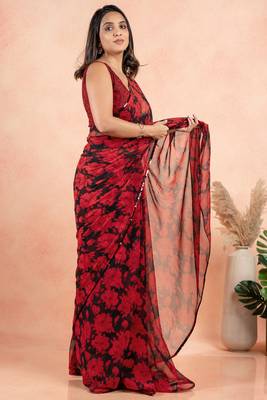 Black georgette floral print sequinns lace saree with unstitched blouse piece 2
