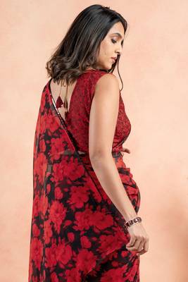 Black georgette floral print sequinns lace saree with unstitched blouse piece 3