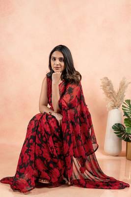 Black georgette floral print sequinns lace saree with unstitched blouse piece 5