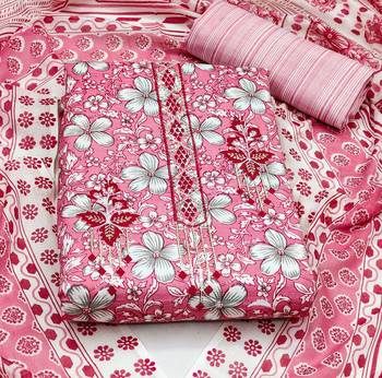 Manvaa women's pink designer printed work printed dupatta and bottom cotton dress material 3