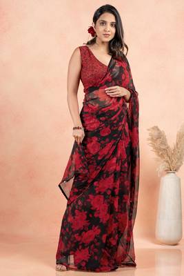 Black Georgette Floral Print Sequinns Lace Saree With Unstitched Blouse Piece 1