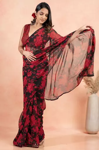 Black Georgette Floral Print Sequinns Lace Saree With Unstitched Blouse Piece