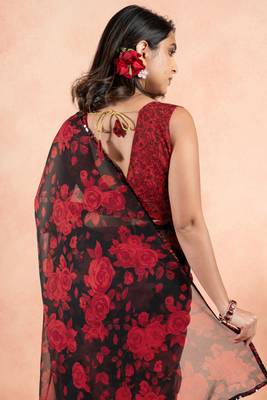 Black Georgette Floral Print Sequinns Lace Saree With Unstitched Blouse Piece 3
