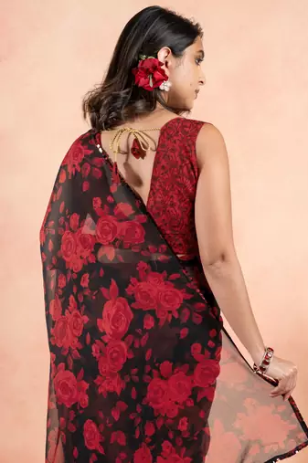 Black Georgette Floral Print Sequinns Lace Saree With Unstitched Blouse Piece