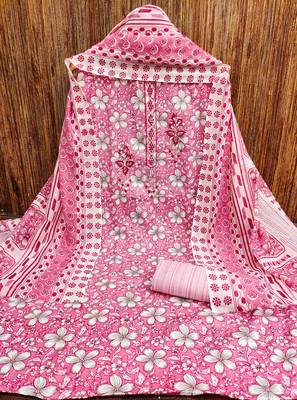 Manvaa women's pink designer printed work printed dupatta and bottom cotton dress material 5