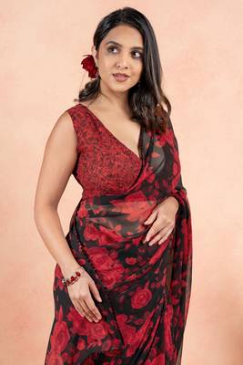 Black Georgette Floral Print Sequinns Lace Saree With Unstitched Blouse Piece 4