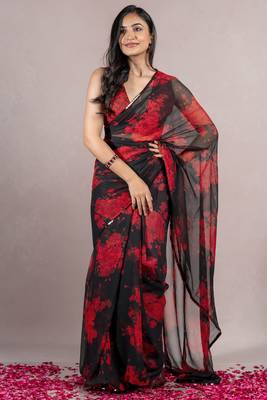 Black Georgette Floral Print Sequinns Lace Saree With Unstitched Blouse Piece 1